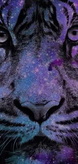 Cosmic tiger face with blue and purple galaxy effect.