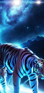 Cosmic scene of a glowing tiger and cub under a galactic sky.