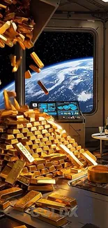 Space station view with piles of gold.