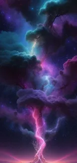 Fantasy tree with cosmic backdrop and vibrant colors on mobile wallpaper.