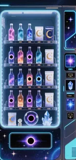 A futuristic vending machine glowing in a cosmic setting.