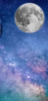 Mobile wallpaper showcasing Earth, the Moon, and a starry galaxy.