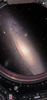 View of a spiral galaxy through a spacecraft porthole with stars in the background.