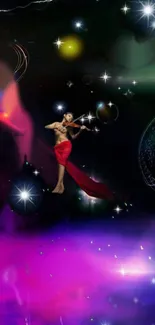 Surreal wallpaper with a violinist in a colorful cosmic scene filled with stars.