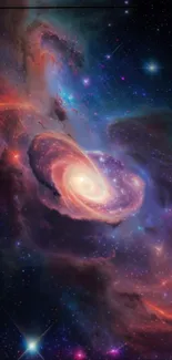 Vibrant galactic vortex with swirling galaxies and stars in a cosmic scene.