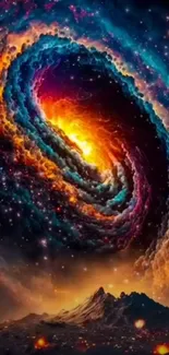 Vibrant spiral galaxy with fiery core in deep space mobile wallpaper.