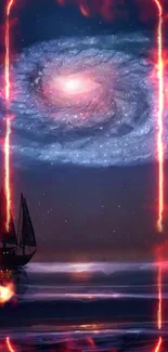 Mystical galaxy above an ocean with a sailing ship and glowing lines.