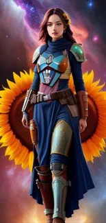 Galactic warrior with sunflower backdrop in vibrant cosmic scene.