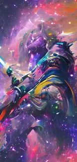 Vibrant galactic warrior art wallpaper with electric colors.