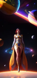 Fantasy warrior in space with planets backdrop