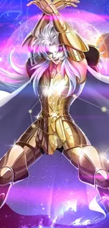 Anime warrior in golden armor under a cosmic purple sky.