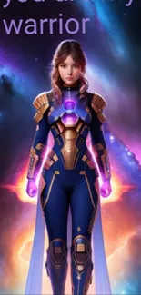 Futuristic warrior in space setting with vibrant nebula backdrop.