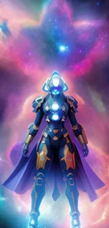 Galactic warrior in futuristic armor stands amid a vibrant nebula.