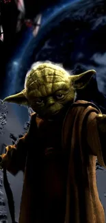 Jedi Master poses on moon with star fighters in cosmic background.