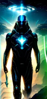 A futuristic warrior in glowing blue armor stands heroically against a cosmic backdrop.