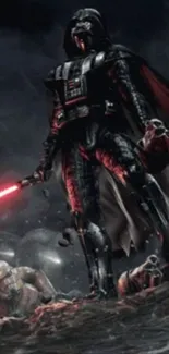 Dark armored warrior with red sword in space.