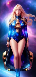 Galactic warrior in cosmic space, vibrant purple and blue hues.