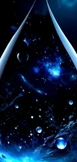 Galaxy inside a water drop on blue wallpaper.