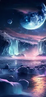 Mystic cosmic landscape with glowing waterfall under a moonlit sky, ideal for phone wallpaper.