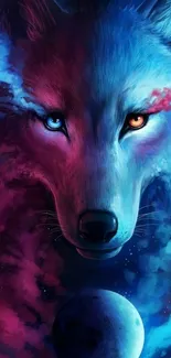 Mobile wallpaper of a cosmic wolf with vibrant colors and a mystical background.