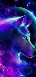 Mystical wolf in a cosmic setting with vibrant purple and blue shades.