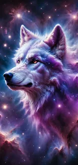 Majestic wolf head in a colorful nebula, fantasy art wallpaper.