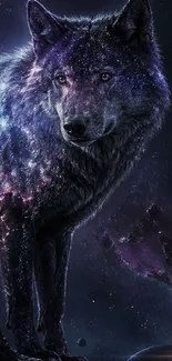 Galactic wolf with starry cosmic fur in space.