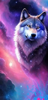 Vibrant galactic wolf in cosmic setting mobile wallpaper.