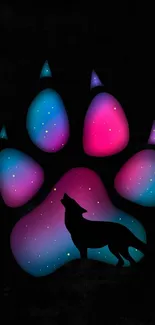 Galactic wolf silhouette within a colorful paw print on a dark background.