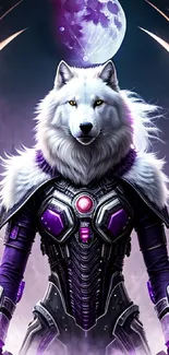 Futuristic warrior wolf with purple armor under a cosmic moonlit sky.