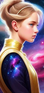 Woman in space-themed digital art with vibrant galactic background.