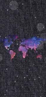 Galactic themed world map on textured dark wallpaper background.