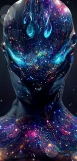 Galaxy-themed abstract figure on a dark, colorful background.