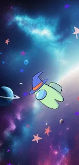 Whimsical cartoon character in galaxy with vibrant planets and stars.