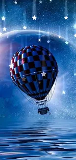 Hot air balloon floats in a cosmic blue sky with water reflections.