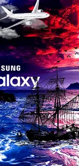 Samsung Galaxy wallpaper with ship and airplane over vibrant ocean.