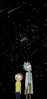 Animated characters under a galaxy sky with stars and blue ground.