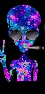 Vibrant galactic alien artwork with sunglasses and peace sign on a black background.