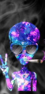 Vibrant galaxy alien with neon colors and sunglasses, holding a cigarette.