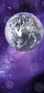 Mobile wallpaper of Earth in a purple galaxy with stars.