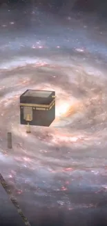 Kaaba surrounded by swirling galaxy in cosmic artwork.