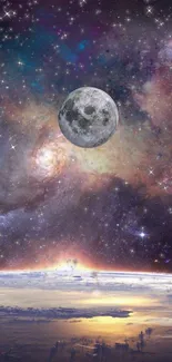 Galaxy and moon with stars mobile phone wallpaper.