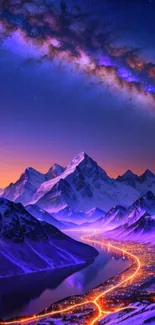 A breathtaking view of the galaxy over snowy mountains with vibrant purple hues.