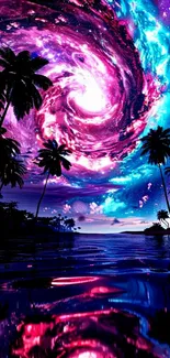 Colorful galaxy swirling above palm trees reflected on calm waters at night.