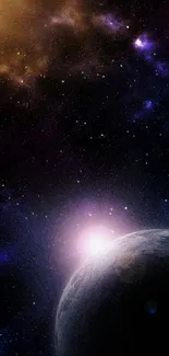 Cosmic scene with galaxy, nebula, and planet wallpaper.