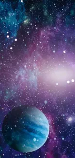 Galaxy and planet wallpaper with purple and blue tones.