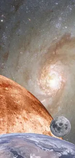 Stunning galaxy, planets, and moon in a cosmic wallpaper.