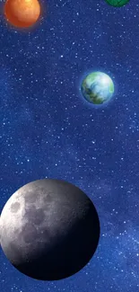 Mobile wallpaper with planets in a starry galaxy setting.