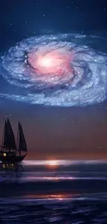 Sailboat beneath a galaxy swirl on a dark ocean.