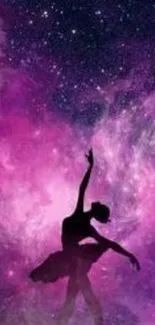 Ballerina silhouette dancing amidst a vibrant pink galaxy background.